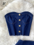 Yipinpay Summer Fashion Denim Two Pieces Suits Strapless Sexy Top+ Short A Line Skirt Streetwear Hotsweet Vintage Beach Sets