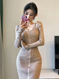 Yipinpay Women Dresses 2023 Lady Fashion Sexy V Long Sleeve Single-breasted Women Knitted Dress Bodycon Knee Wild Vestido Mujer Robe