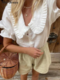 Yipinpay Doll Collar Shirts Shorts Suit Women Puff Short Sleeve Single Breasted Blouses Loose Short Pants 2024 Summer Casual Set