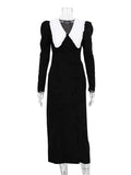 Yipinpay Elegant Fashion Autumn Maxi Dress Female Patchwork V-Neck Contrast Slim High Split Party Dress Gown Sexy Ladies Dress 2024
