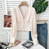 Yipinpay Women Blusas Casual Long Sleeve Elegant Sexy V-neck Blouses Ladies Buttons Crop Top Female Slim Fashion White Shirts