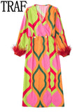 Yipinpay Wrap Feather Dress Woman Printed Long Party Dresses For Women Abayas Long Sleeve Elegant Dresses Boho Midi Female Dress