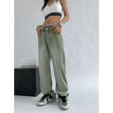 yipinpay Women's Green Jeans Vintage Washed Multiple Pockets Wide Leg Pants Casual Street High Waist Baggy Denim Trouser Ladies Summer