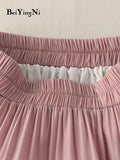 yipinpay 2023 Summer Long Skirt Women Simple Casual Lace Patchwork Pleated High Waist Midi Skirts A-line Swing Faldas Jupe Pink