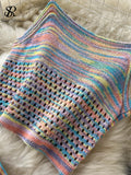 Yipinpay Sexy Hollow Out Rainbow Set Knitted Mini Camis Hight Waist Knit Mid Dress Women Streetwear Fashion Two Pieces Suits
