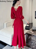 Yipinpay Midi Red Mermaid Dress Women Autumn Korean Sexy V-neck Irregular Sequins Dress Vintage Casual Evening Party Dress 2023