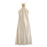 Yipinpay Flower Halter Dress Woman Backless Satin Long Dress Women Summer Elegant Party Dresses Off Shoulder Sexy Evening Dresses