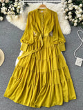 Yipinpay Autumn Retro Beach Pleated Dress Women Lantern Sleeve French Single Breasted 2024 Fashion Chiffon A Line Long Dress