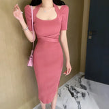 Yipinpay Hip Sexy Bandage Halter Short Sleeve Knitting Dress Bodycon Waist Elegant Empire Wild Vestidos Summer Women Dresses