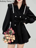 Yipinpay Fashion Black Mini Blazer Dress Women Elegant Chic Sashes Button Design Dress Winter Casual Sexy Evening Party Dress New