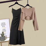 Yipinpay Autumn/Winter New Dress Matching Set Women's Chic Irregular Knit Sweater Sling Skirt Two Piece Korean Elegant Pullover Suit