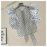 Yipinpay Sleeve Crop Tops Blusas Mujer Pleated Ruffle Ribbon Bow Organza Perspective Short Polka Dot Shirt Women Blouse Shirts