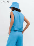 Yipinpay Office 2 Pieces Sets Elegant Cotton Linen V-Neck Sleeveless Button Vest Outfit Summer High Waist Wide Leg Pants Sets