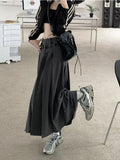 Yipinpay Korean Vintage Pleated Skirt Long Women Autumn Low Rise Preppy Style Casual A-Line Midi Skirt for Girls 90s Streetwear