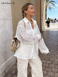 Yipinpay Elegant Women Lace Jacquard Shirts Oversize White Lapel Perspective Sunwear Blouses And Tops Casual Ladies Vacation