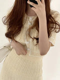 Yipinpay Korean Chic Summer Women's Suit with Skirt Fashion O-Neck Knitted Short Sleeve Top Jacket High Waist Hip Skirt 2-piece Set