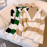Yipinpay Halter Pullovers Women Sweater Ulzzang Fake Two Piece Striped Sweet Baggy Gentle Clothes Striped Sweater Mujer Tops