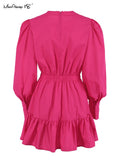 Yipinpay Lantern Sleeve Vintage Dress Long Sleeve O-Neck Casual Women Ruffle Dress Short Mini Pleated A-Line Frill Dress Lady