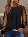 Yipinpay Women's Boho Blouses Autumn Long Sleeve Fashion Folds O-neck Lace Patchwork Loose Shirt For Women Black Tops New Office Clothing