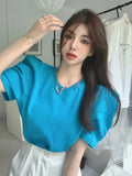 Yipinpay Right Shoulder Puff Short Sleeve T-shirts Summer Women's Crop Tops Cotton Tees Solid Wild O Neck Chain Tshirt Casual