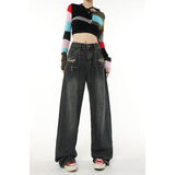 yipinpay Black Women Jeans Ripped American Fashion High Waist Streetwear Style Wide Leg Jean Trouser Female Baggy Denim Pants