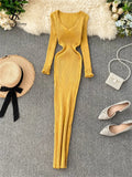 Yipinpay Women Autumn Knitted Dress V Neck Sexy Slim Elastic Oversized Basic Bodycon Long Dress Winter knit Warm Sweater Dresses