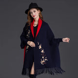 Yipinpay Winter Can Wear Shawl Scarf Dual-use Embroidery With Sleeves Wool Cashmere Thick Tassel Cloak Female