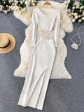Yipinpay Autumn Sweater Two Pieces Suits Long Sleeves Knit Top+ Elatic Waist Slim Split Long Skirt Sets Women Warm Knitted Suit
