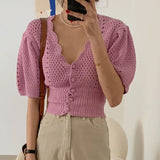 Yipinpay Korean V Neck Crop Top Puff Short Sleeve Sweater Mujer Summer Cardigan Knitted Cropped Cardigan Sueters Hollow Sweet
