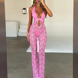 Yipinpay Women's Halter Flare Jumpsuit Casual Summer Cutout Floral Lace See-Through Backless Romper Pants Clubwear Streetwear