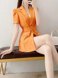 Yipinpay Professional Women's Two-piece Office Women's Temperament Waist Short Sleeve Beaded Pocket 2 Piece Set Shorts and Jacket