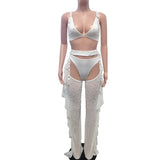 Yipinpay Hollow-Out Sexy Women's Solid Color Mesh Nail Beaded Wooden Ear Edge Three-Piece Set Fashion See Through Suit