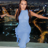 Yipinpay Ruffles Mini Dress Women 2023 Summer Y2K Sleeveless Irregular Mesh See Through Beach Party Club Outfits Bodycon Dress Black