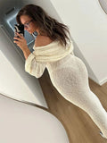 Yipinpay Knit Hollow Out Off-Shoulder Maxi Dress Female Cover up Loose Long Sleeve Holiday Beach Party Dress Women Knitwear Dress