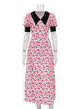 Yipinpay V-Neck Patchwork Printed Dress Summer For Women Short Sleeve Fashion High Waist Party Dress Contrast Ladies Maxi Dress