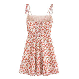 Yipinpay French Vintage Cherry Print Sling Dress Women Sexy Spaghetti Strap A-line Short Chiffon Summer Dress Holiday Robe