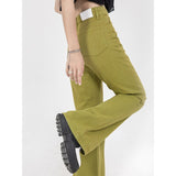 yipinpay Womens Jeans High Waist Green Korean Fashion Streetwear Straight Pants Baggy Casual Vintage Ladies Wide Leg Denim Trouser
