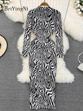 Yipinpay Stand Collar Long Midi Dress Woman Zebra Printed Vintage Y2K Partu Club Dresses Women Chic Korean Street Vestidos Lady