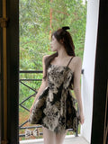 Yipinpay Spaghetti Strap Dress Women Floral Threen Dimensional Slash Neck Summer Vintage Ladies Sexy Dresses Elegant
