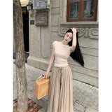 Yipinpay Hot Girl Casual Suit Women's Spring Short-sleeved Knitted Top High Waist Wide Leg Pants 2-piece Set Fashion Female Clothes