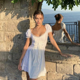 Yipinpay Womens Summer Sweet Dress Short Puff Sleeve Scoop Neck Floral Jacquard Patchwork Cross Tie-Up Mini Short Sundress