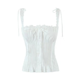 Yipinpay Sweet Lace Trim White Slim Camis Sexy Women Cotton Tank Top Summer Bow Front Button Crop Top