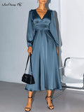 Yipinpay Evening Elegant Women Drape Dress Satin V-Neck Lantern Sleeve Party Dress Ladies Spring 2023 Flowing Midi Dress Navy