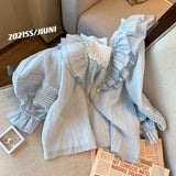 Yipinpay Style Loose Blue Shirts Y2k Tops Ruffled Blouses Korean Wide Leg Shorts Two Piece Sets Womens Outifits 2023 New
