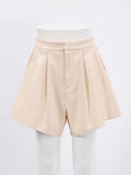 Yipinpay Elegant Beige Faux Leather Shorts Women Wide Leg Short Pants Elegant Flared Shorts High Waist Female PU Shorts 2023
