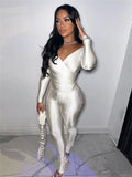 Yipinpay Simenual Casual Skinny Women Two Piece Set Sexy Deep V Crop Tops High Waist Pants Cyber Y2K Outfits Slim Co Ord Suits Streetwear
