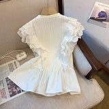 Yipinpay for Women Temperament Chinese Stand Flying Sleeve White Shirt Femme Crop Tops Blusa Feminina Ruffle Doll Blouse Mujer