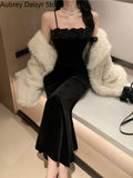 Yipinpay Black Velvet Floral Long Dress Women Vintage Spaghetti Strap Sleeveless Dress Fashion Casual Sexy Evening Party Dress New