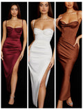 Yipinpay Satin Dress Bodycon Side Split Spaghetti Strap Sexy Dress Maxi Dress Elegant Dresses For Women Party Robe Femme Evening