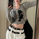 Yipinpay Grunge Y2k Women's T-shirt Vintage Printed O-Neck Patchwork Slim Long Sleeve Top Kpop Fashion Graphic T Shirt Streetwear